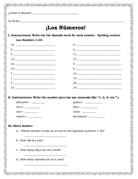 Numbers Worksheet Spanish