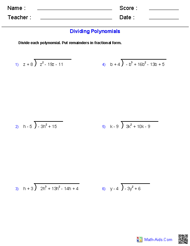 Polynomial Long Division Practice Worksheet