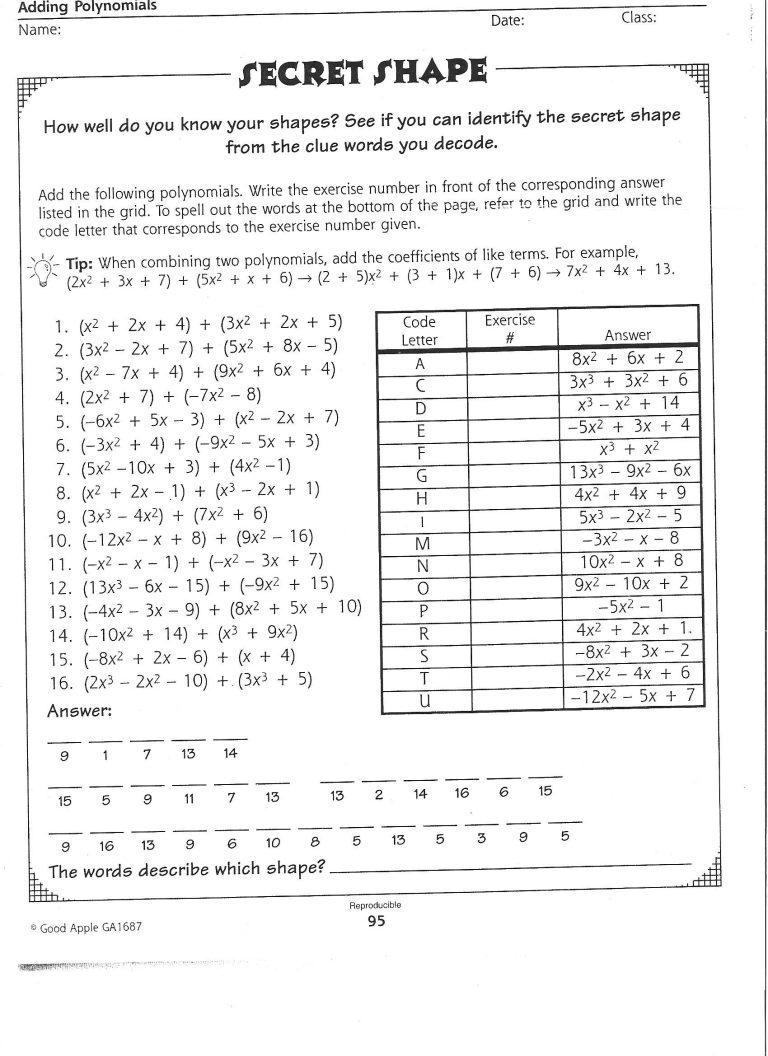 Adding And Subtracting Polynomials Worksheet Doc
