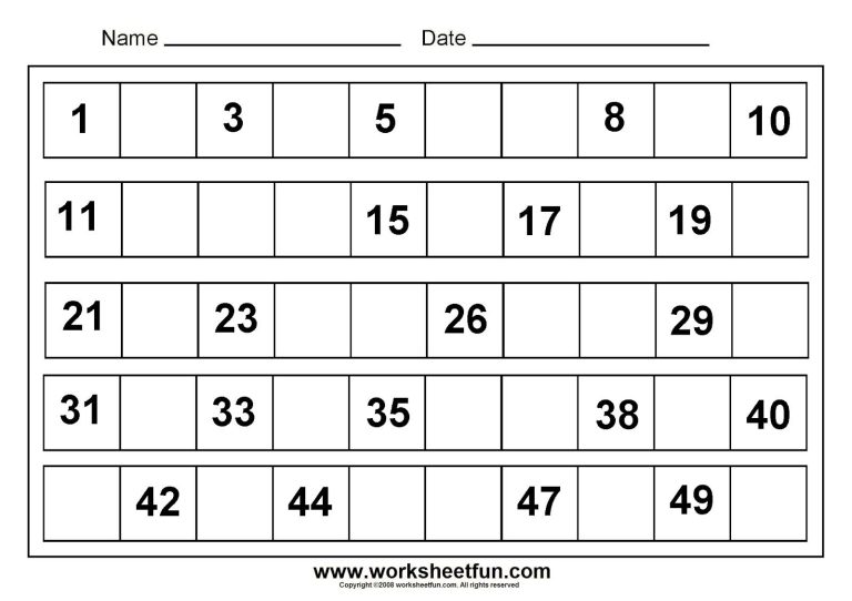 Number Worksheets For Kindergarten 1-50
