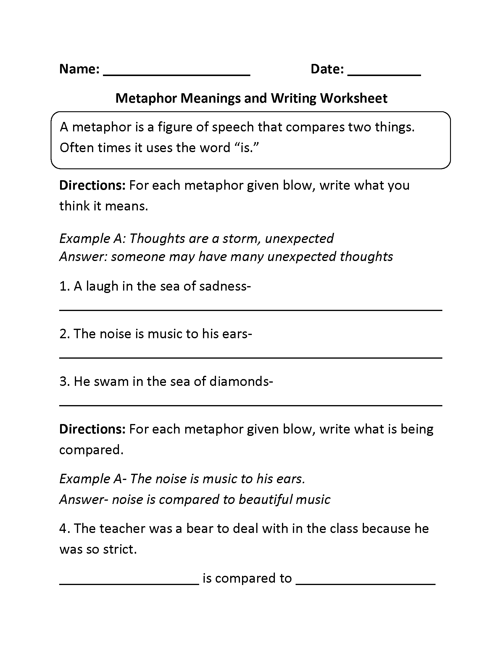 Metaphor Worksheets With Answers