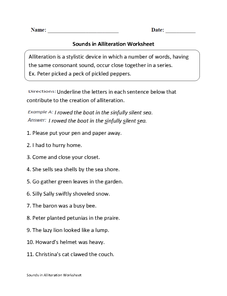 Alliteration Worksheets Grade 5