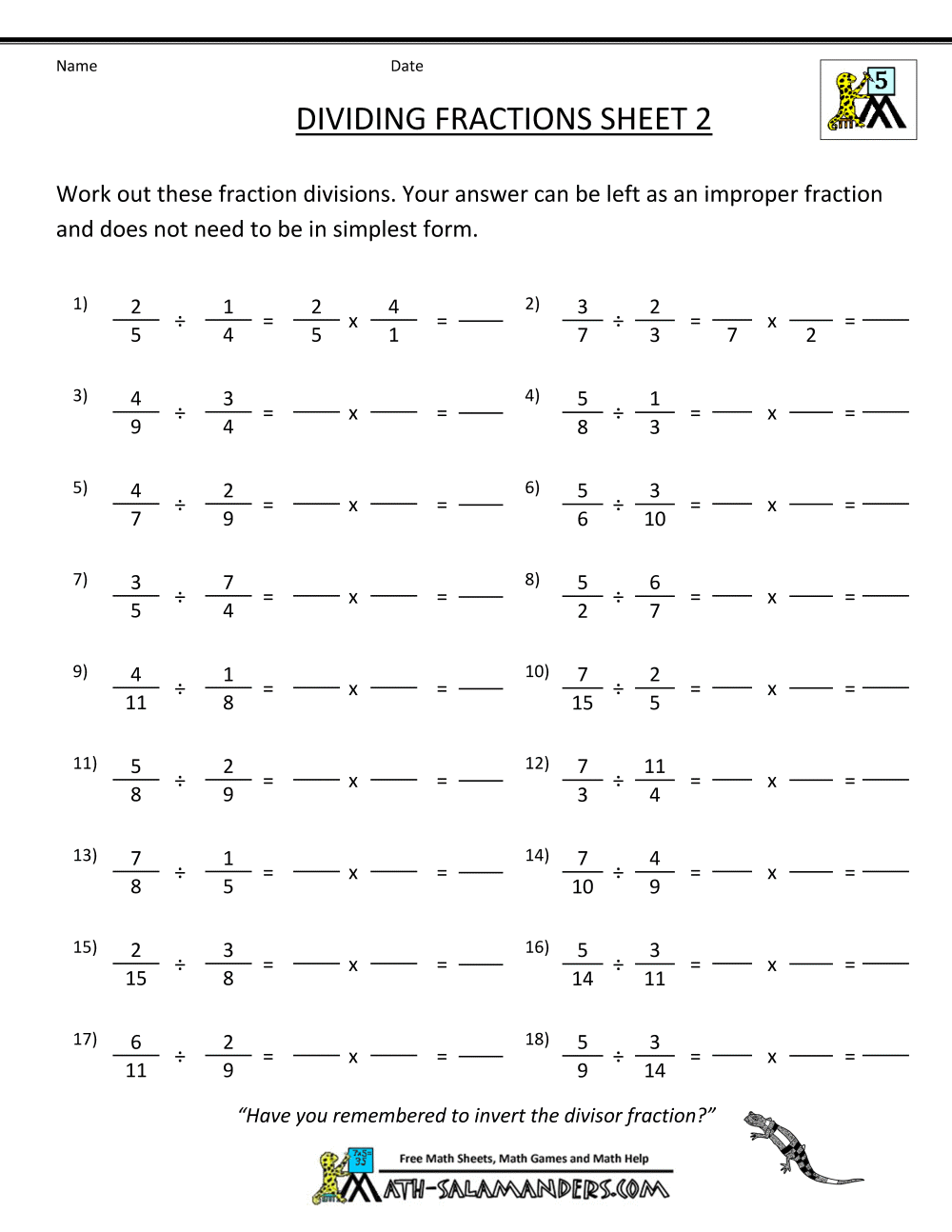 Dividing Fractions Worksheet Printable