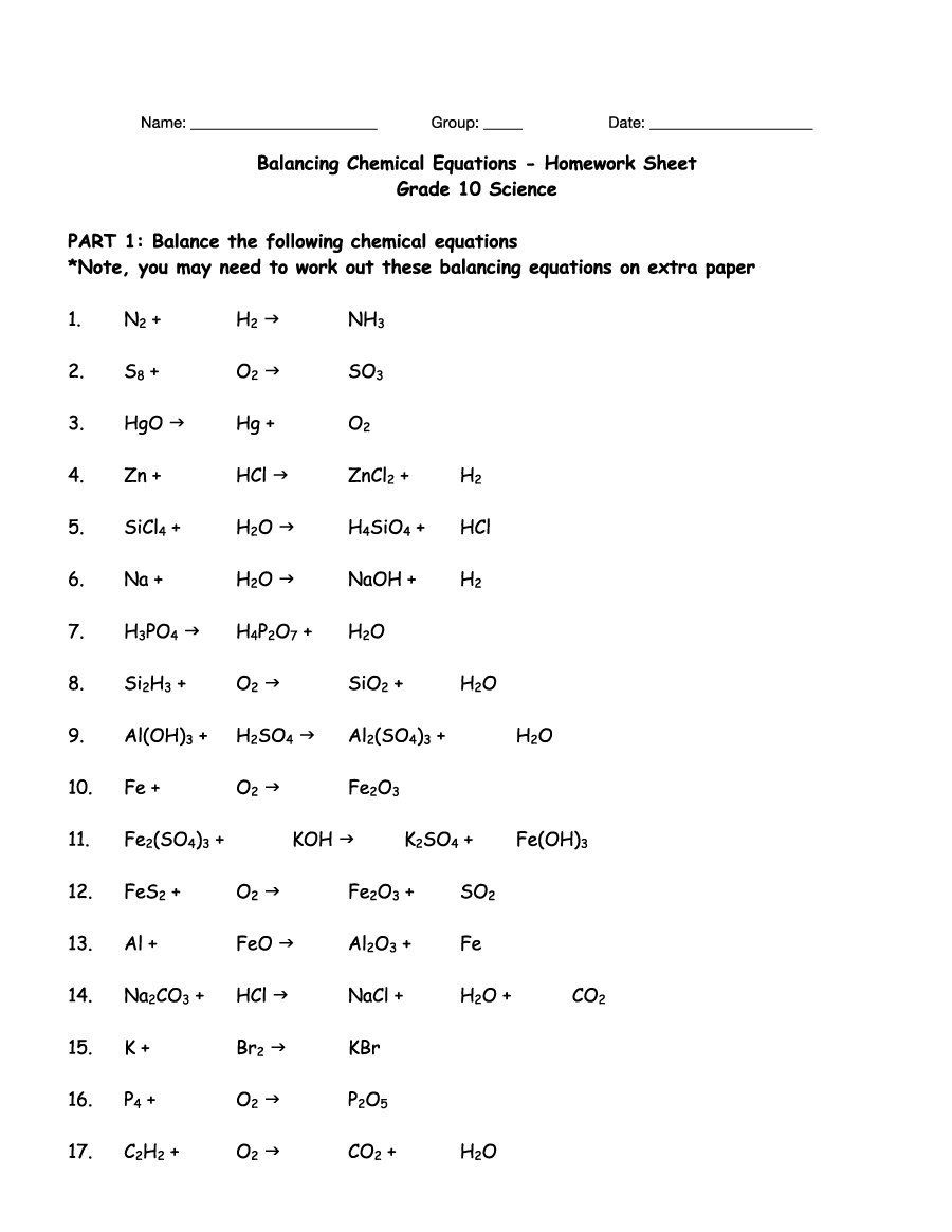 Balancing Chemical Equations Worksheet 8th Grade