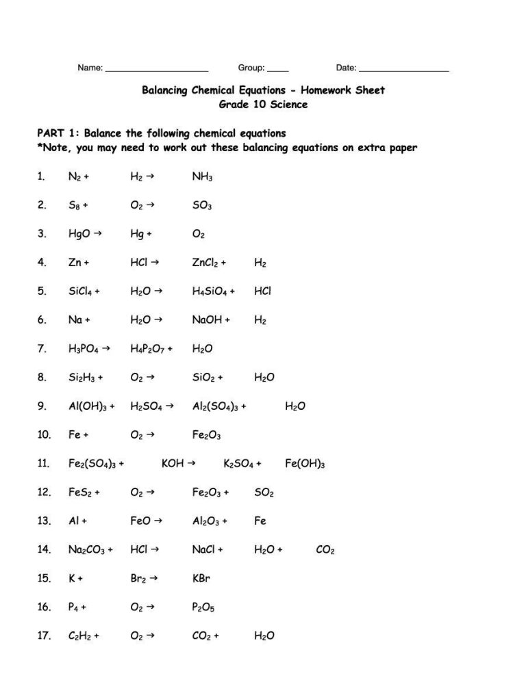 Chemistry Balancing Chemical Equations Practice Worksheet