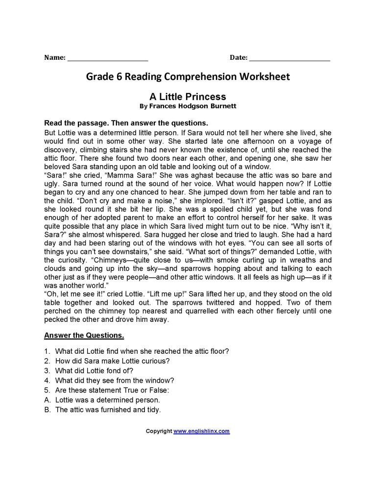 Year 6 Comprehension Worksheet