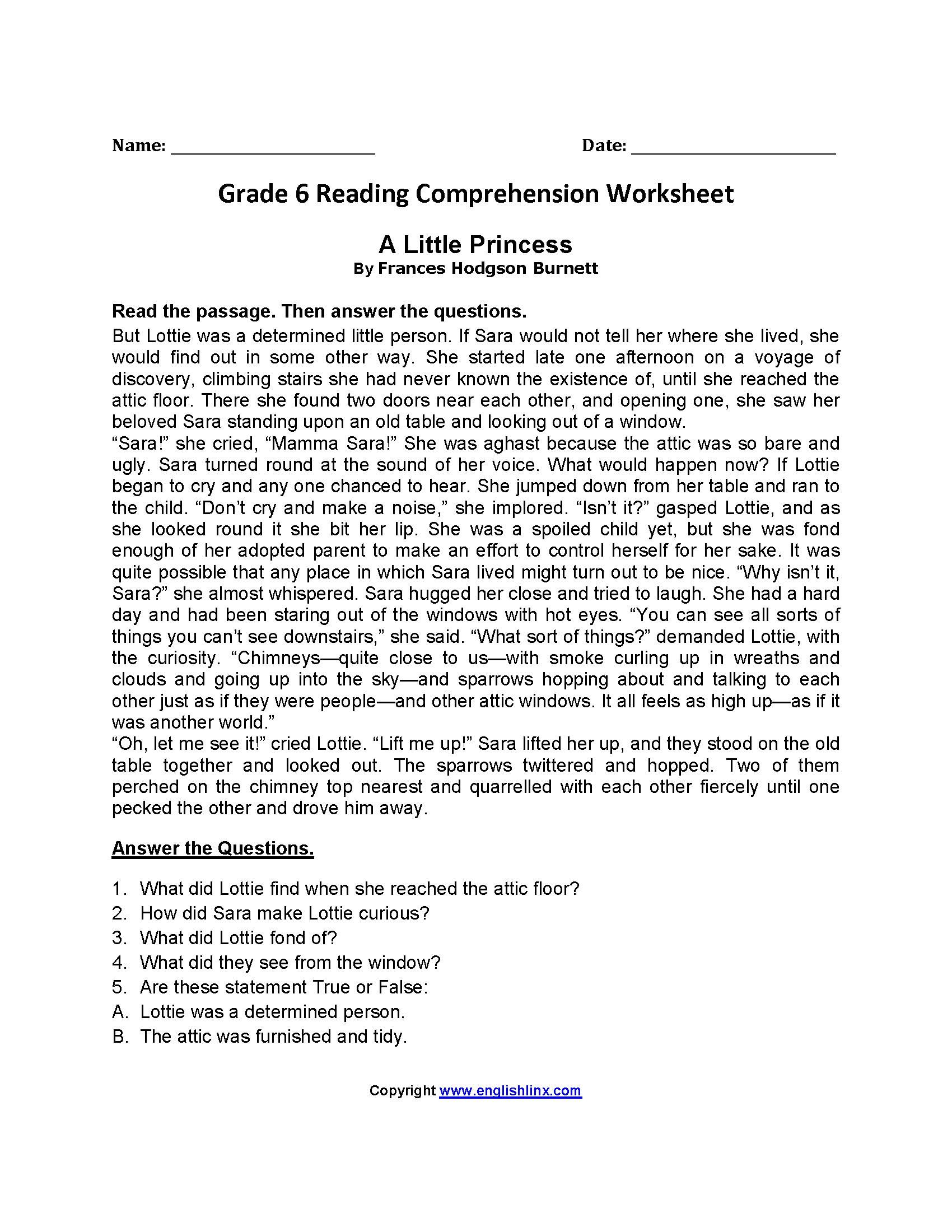 Comprehension Worksheets For Grade 6