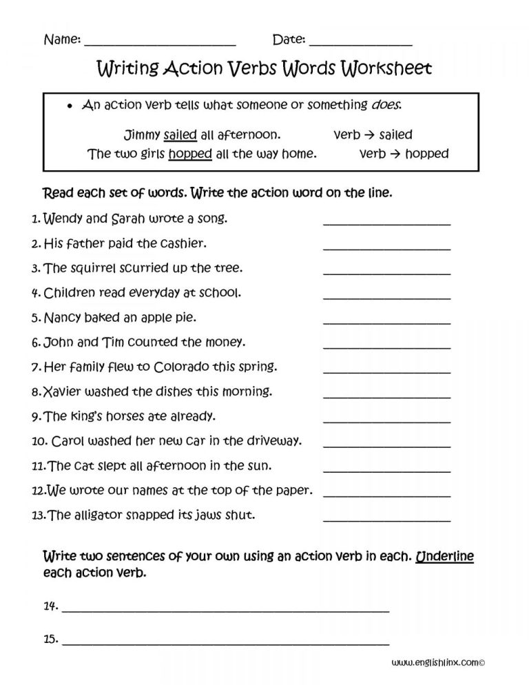 Action Verbs Worksheet 3rd Grade