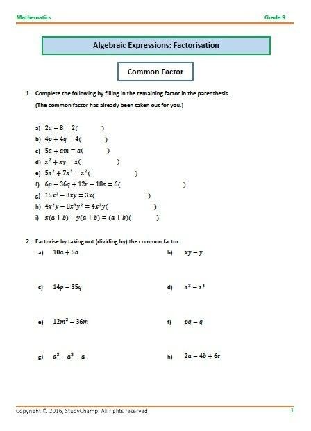 Algebraic Expressions Worksheets Grade 9
