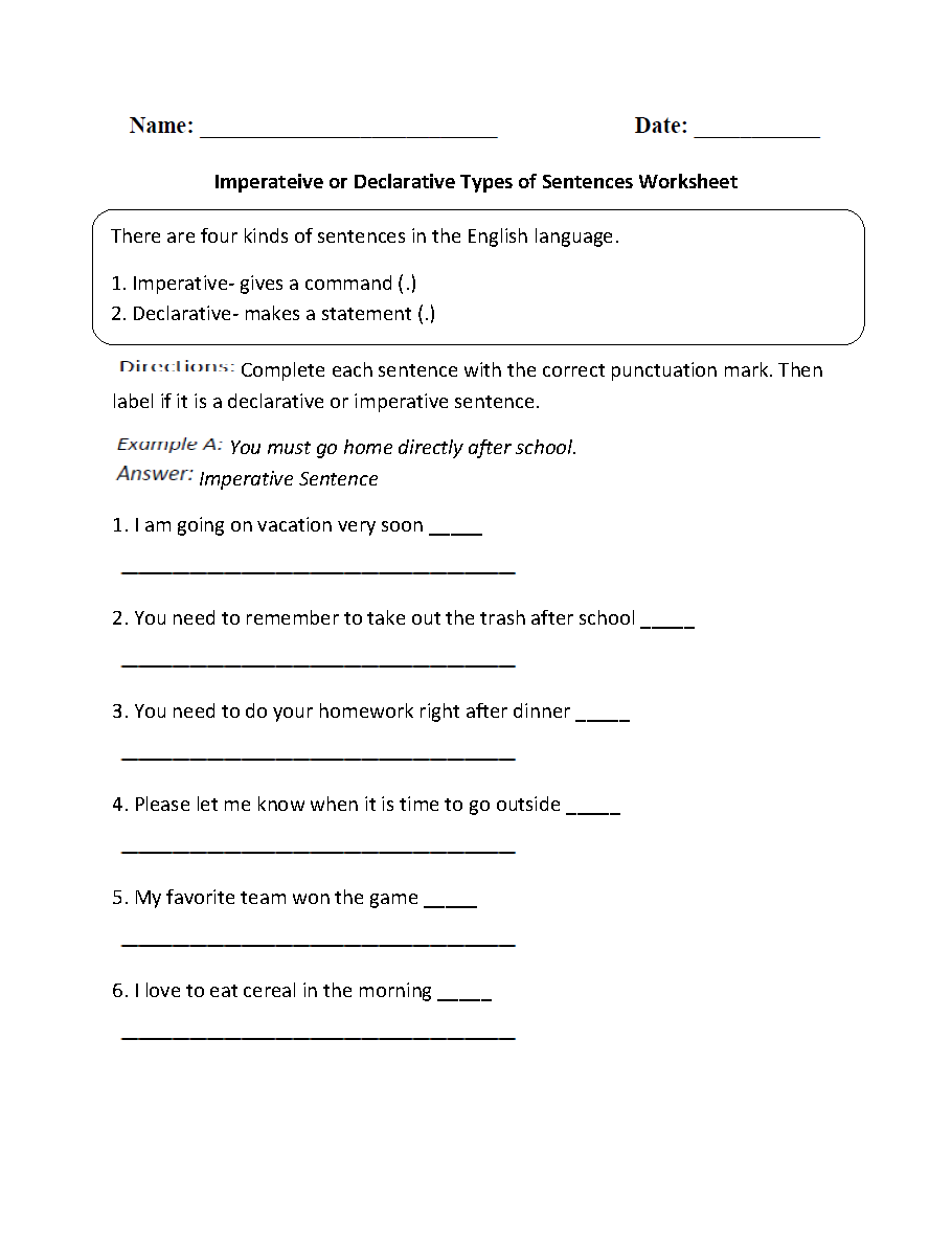 4th Grade Imperative Sentence Worksheets