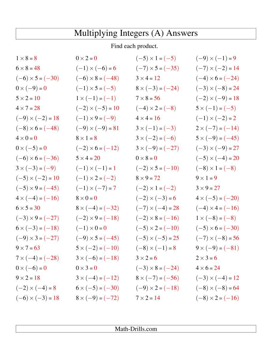 Multiplying Integers Worksheet With Answers
