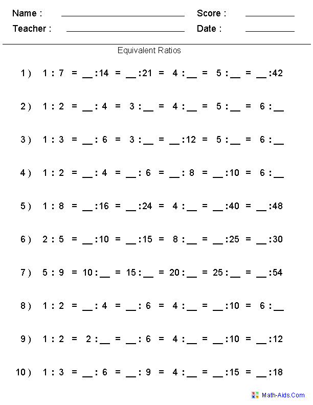 Grade 6 Math Worksheets Ratios