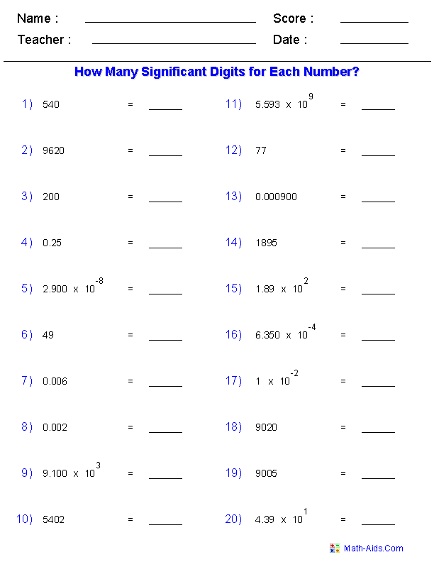 Significant Figures Practice Worksheet How Many Significant Figures Do The Following Numbers Have