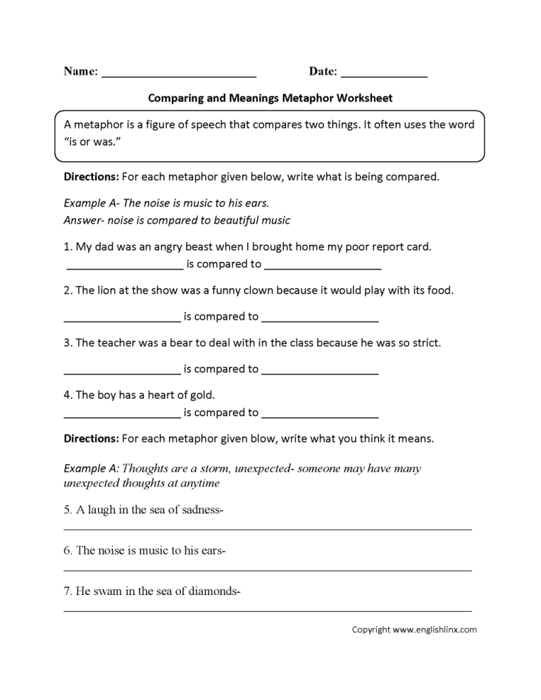 Simile And Metaphor Worksheet 4th Grade