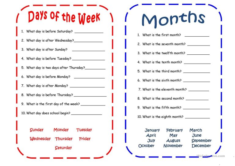 Months And Days Of The Week Worksheets Pdf