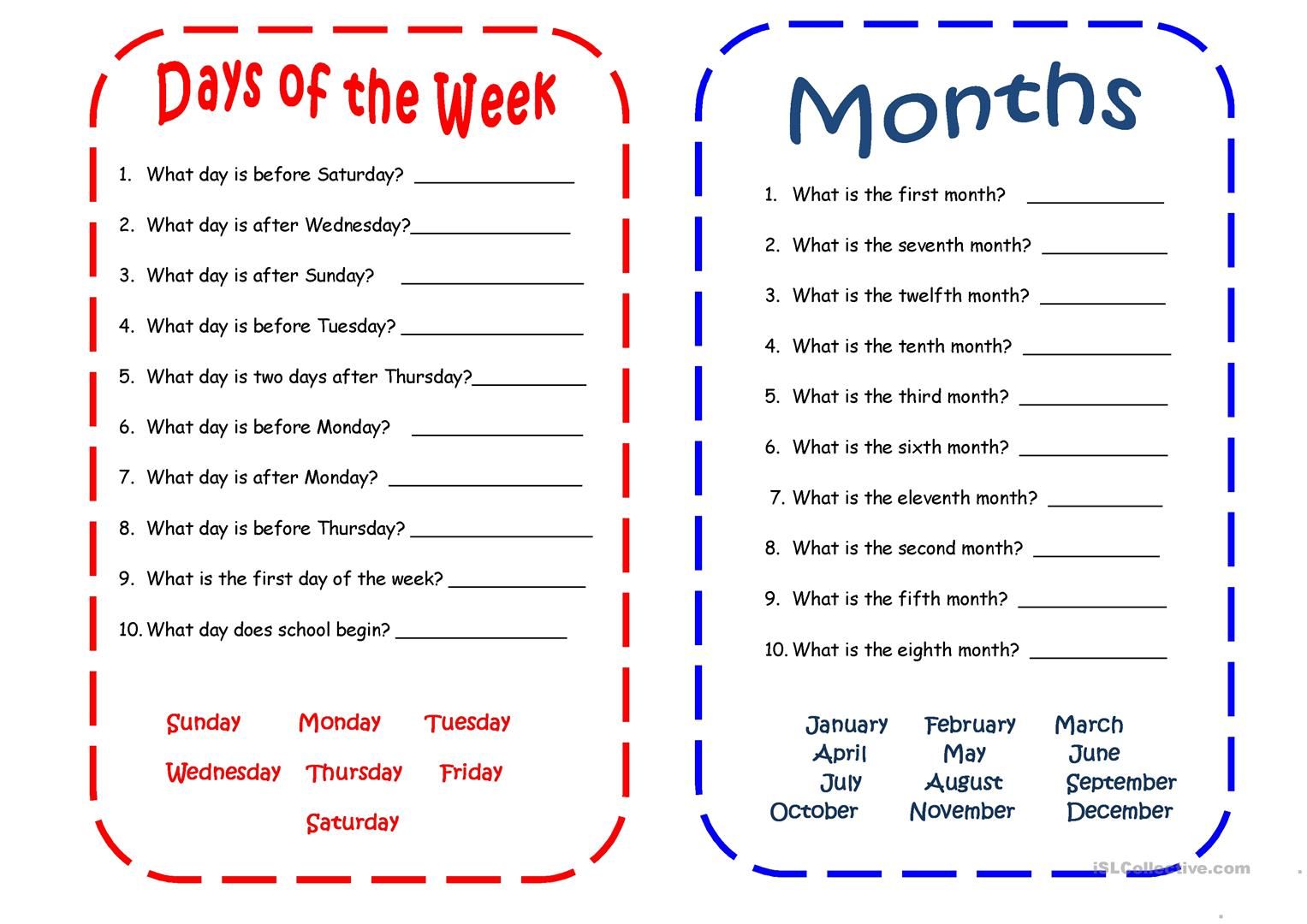 Months And Days Of The Week Worksheets Pdf