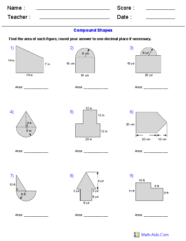 Compound Shapes Worksheet Find The Area Of Each Figure