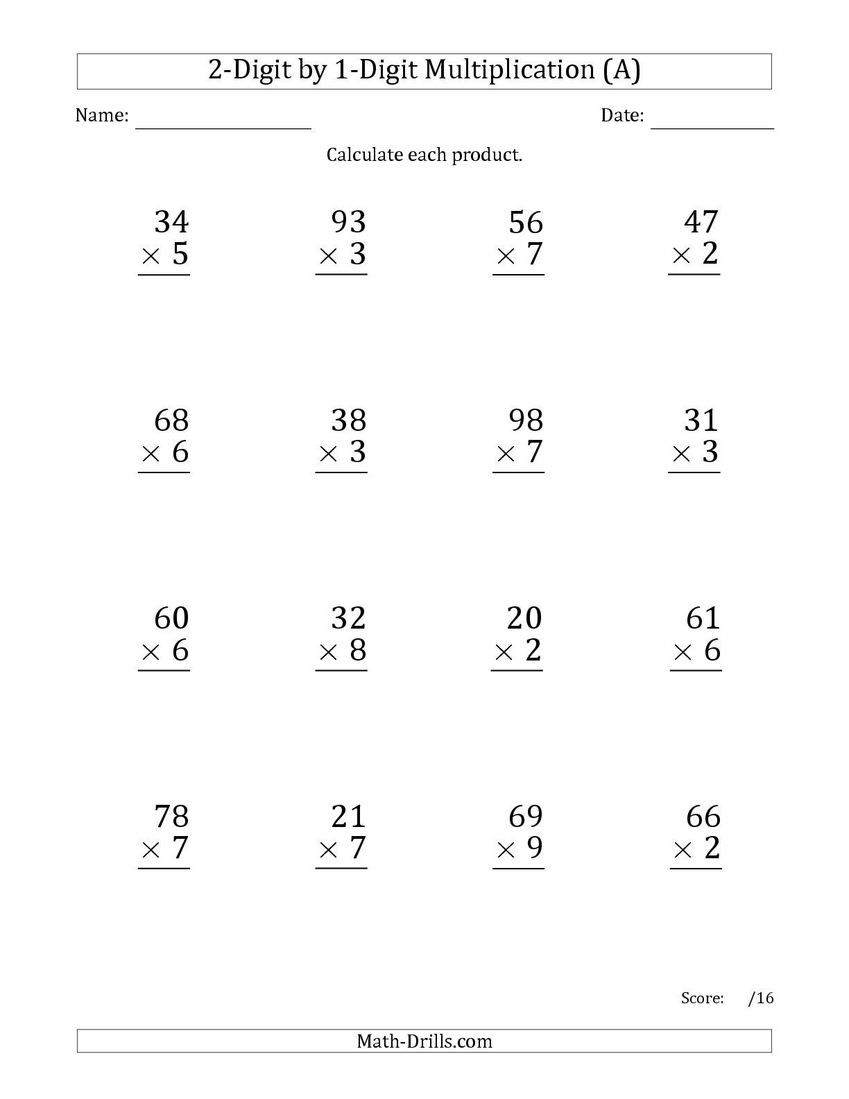 2 Digit By 1 Digit Multiplication Problems