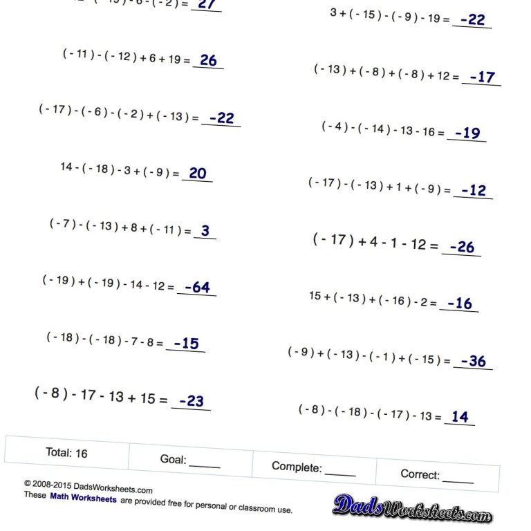 Math Worksheets Adding And Subtracting Negative Numbers