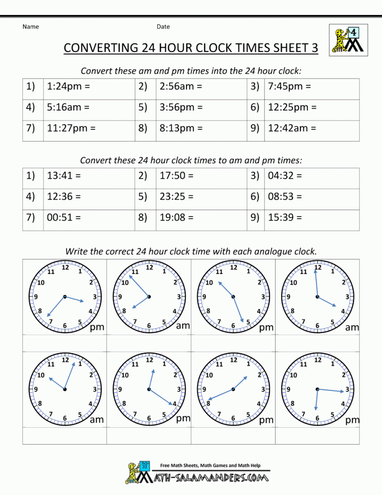 24 Hour Clock Worksheets Year 3