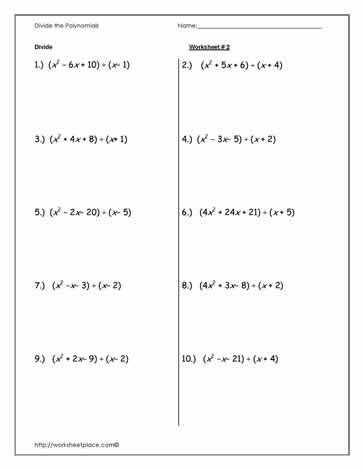 Algebra 2 Polynomial Long Division Worksheet