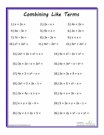 Combining Like Terms Worksheet With Exponents