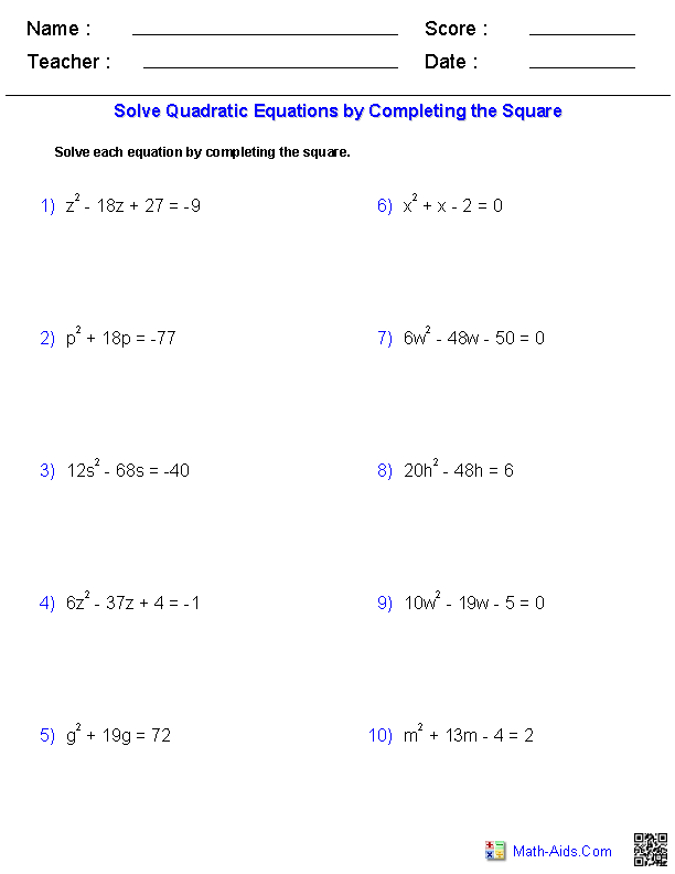 Solving Quadratic Equations By Completing The Square Worksheet Pdf