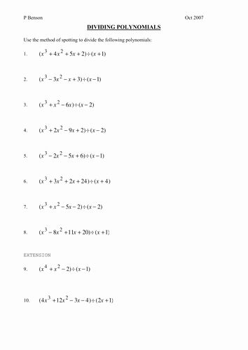 Dividing Polynomials Worksheet