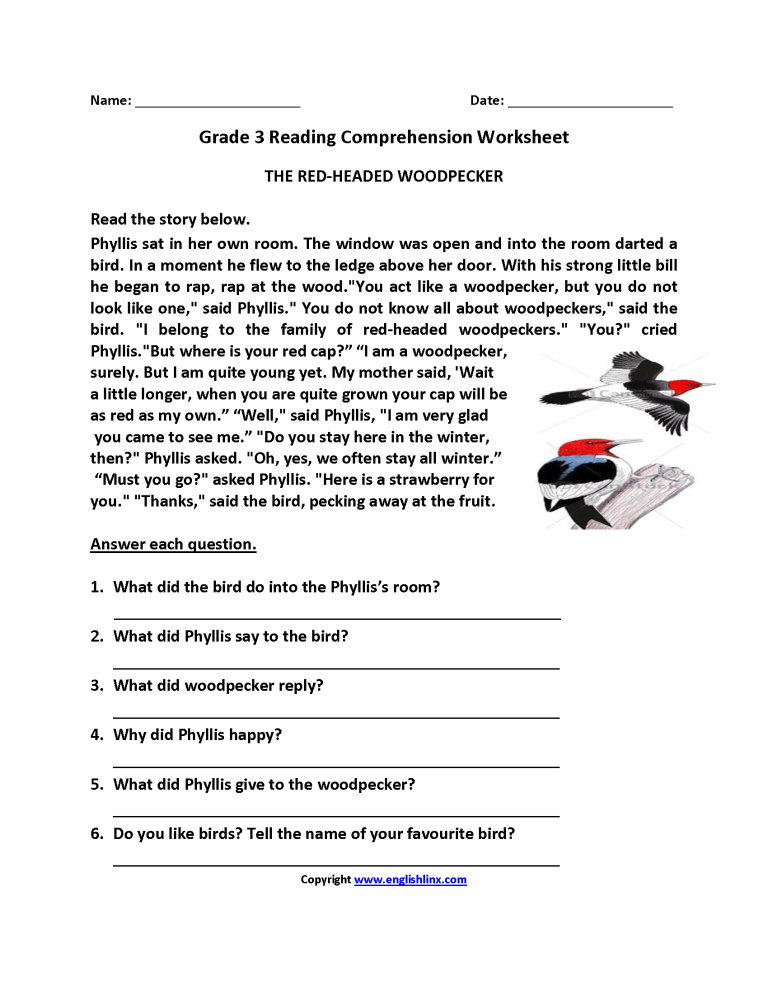 Comprehension Worksheets For Grade 3 With Answers