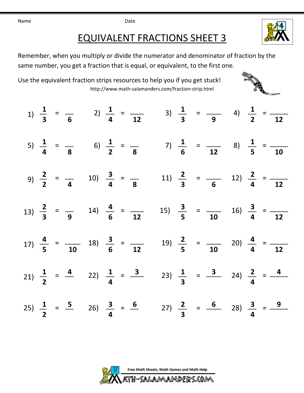 Equivalent Fractions Worksheet With Answers