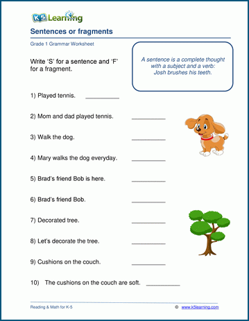 K5 Learning Grade 1 Grammar Worksheet