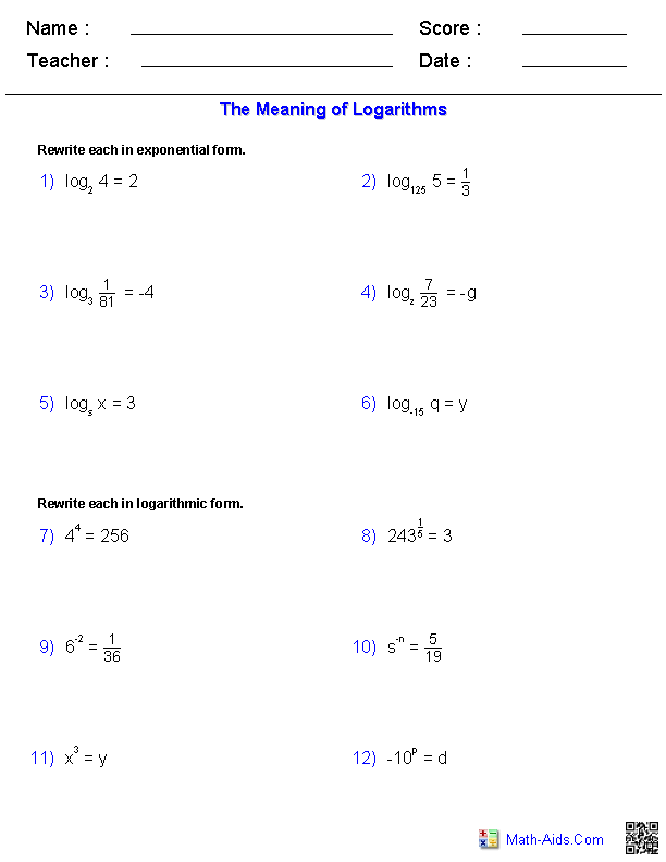 Logarithm Worksheet 1 Answer Key