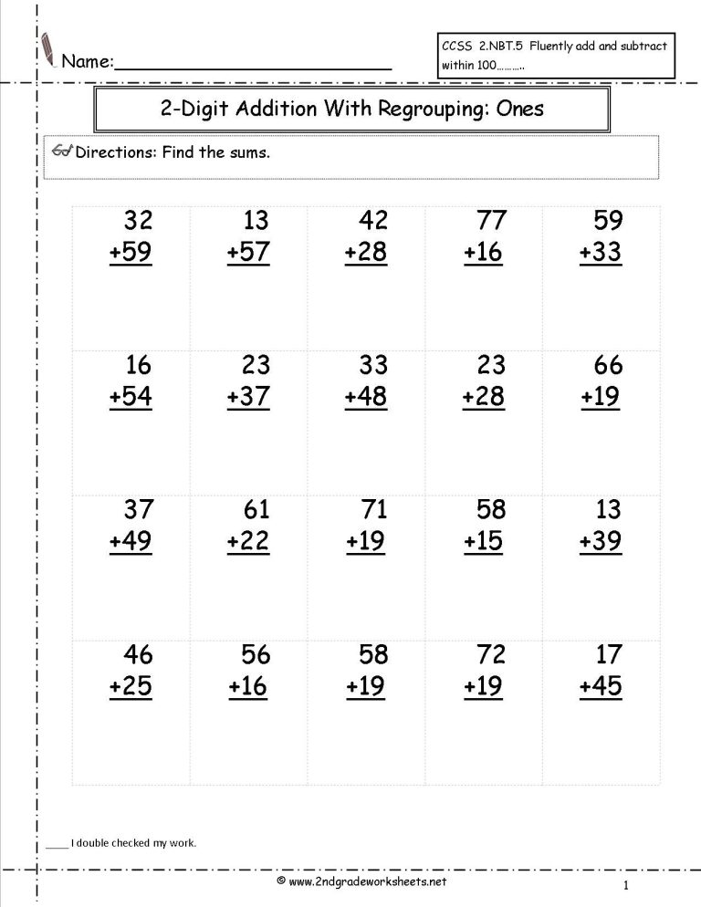 Addition With Regrouping Worksheets For Grade 1