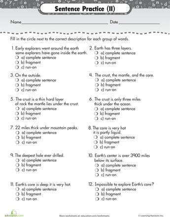Sentence Fragment Worksheets