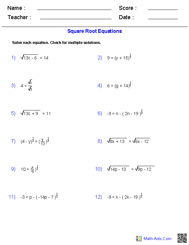 Solving Square Root Equations Worksheet With Answers