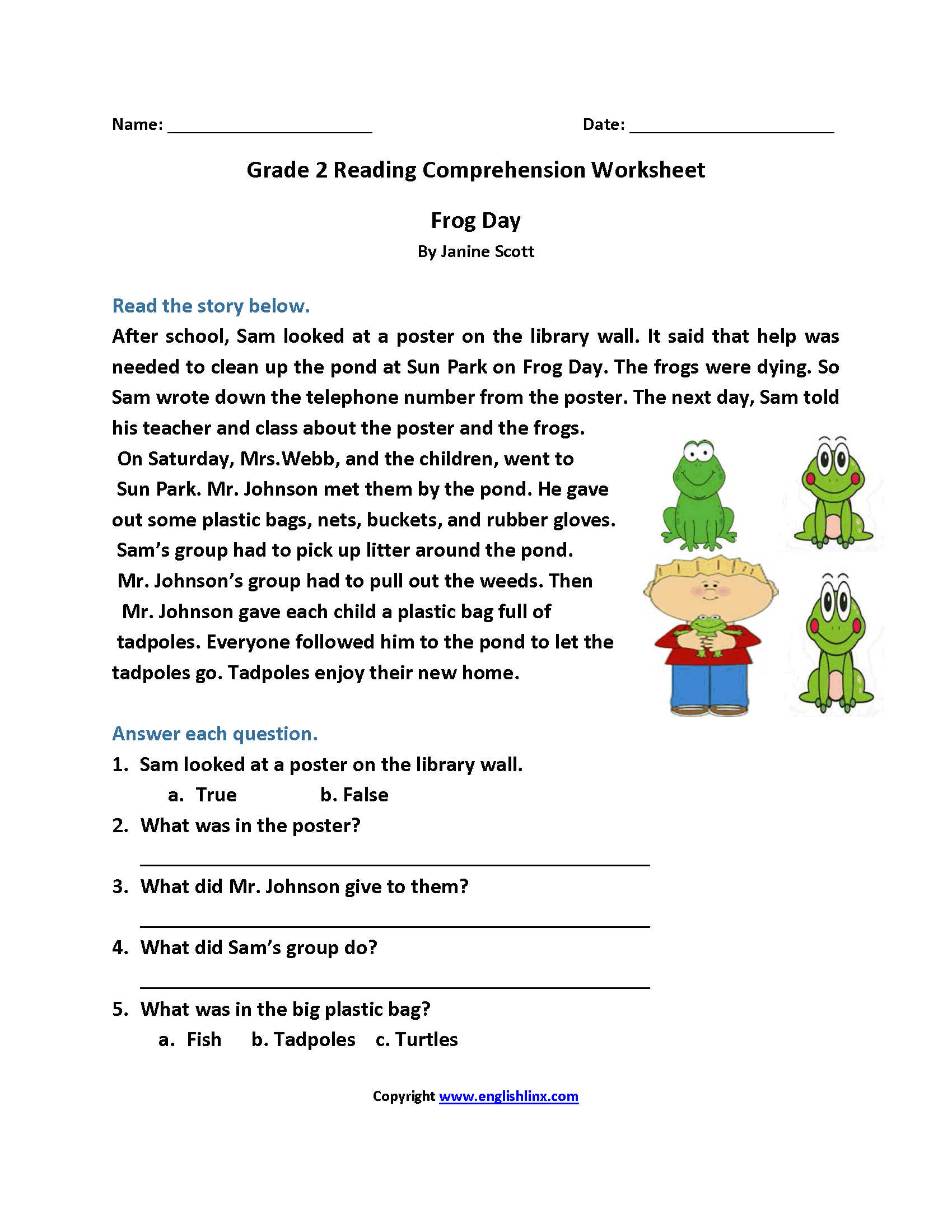 2nd Grade Reading Worksheets With Answer Key