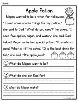 Halloween Reading Comprehension First Grade