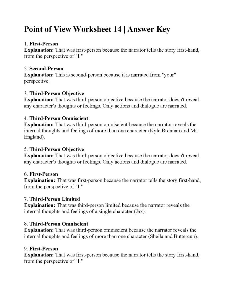 Point Of View Worksheet 14 Answers