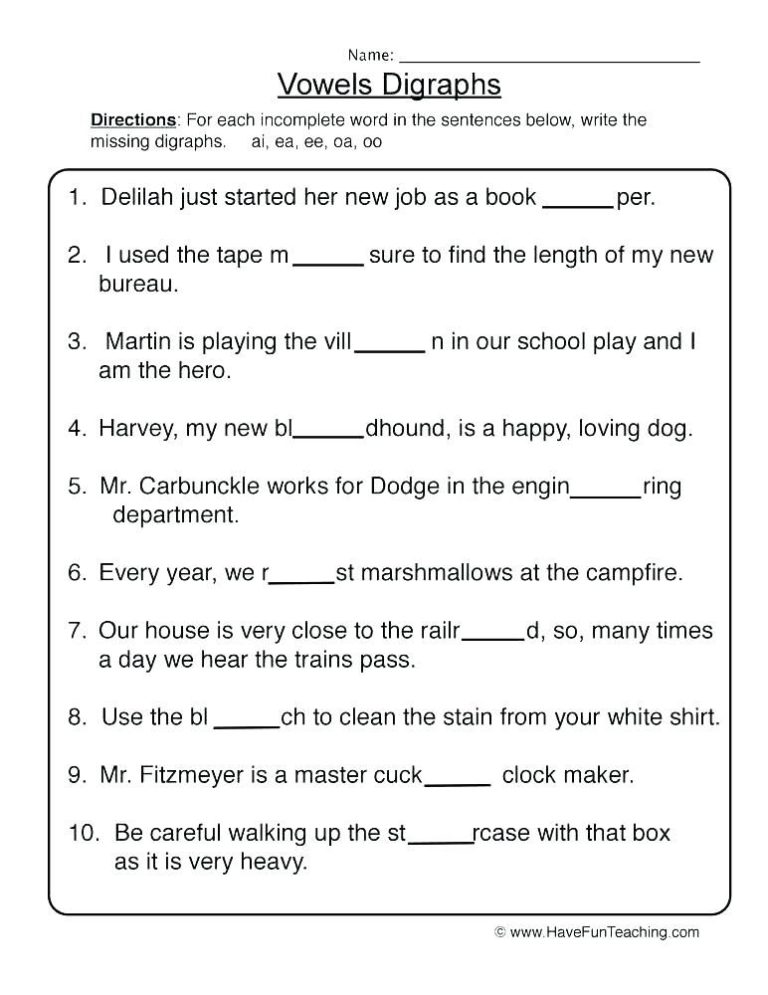 Digraphs Worksheets Grade 2