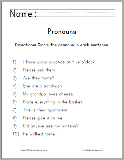 Pronouns Worksheet For Grade 1