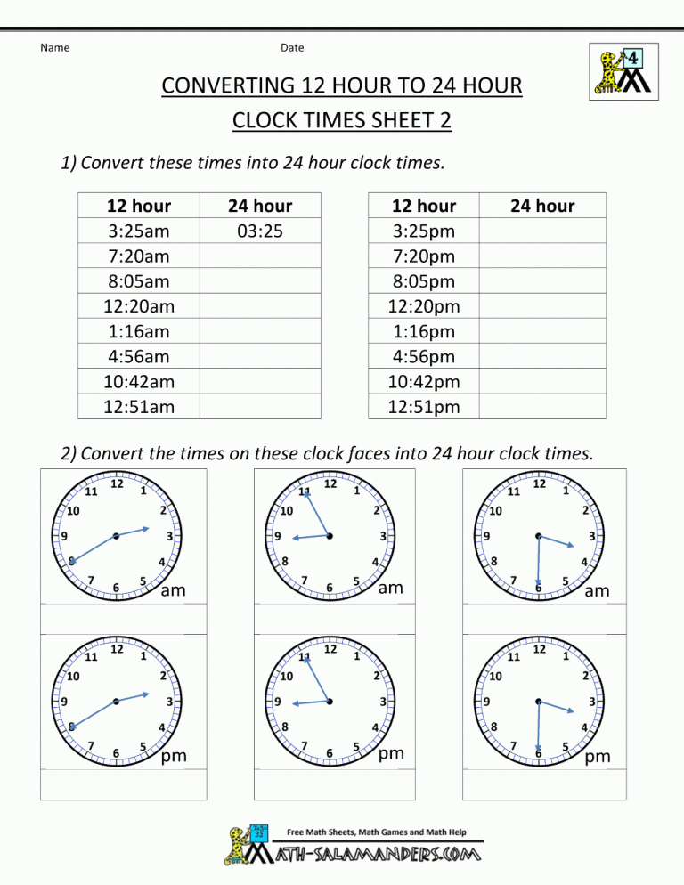 Time 24 Hour Clock Worksheets