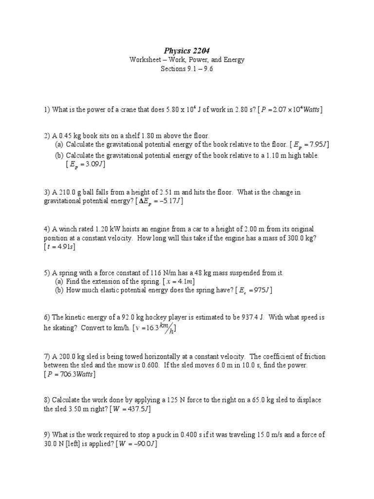 Work And Power Worksheet