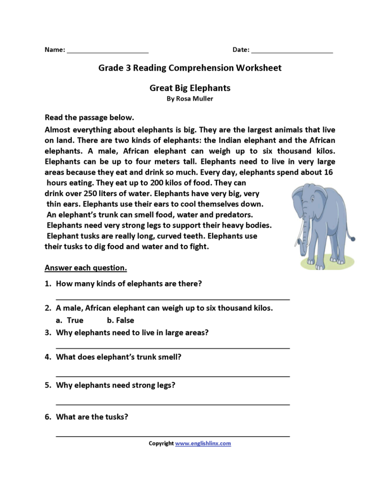 Free Reading Comprehension Worksheets Grade 3