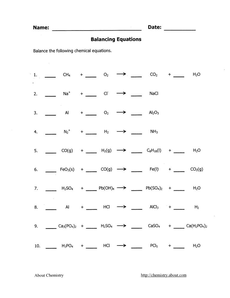 Moles Balancing Equations Practice Worksheet