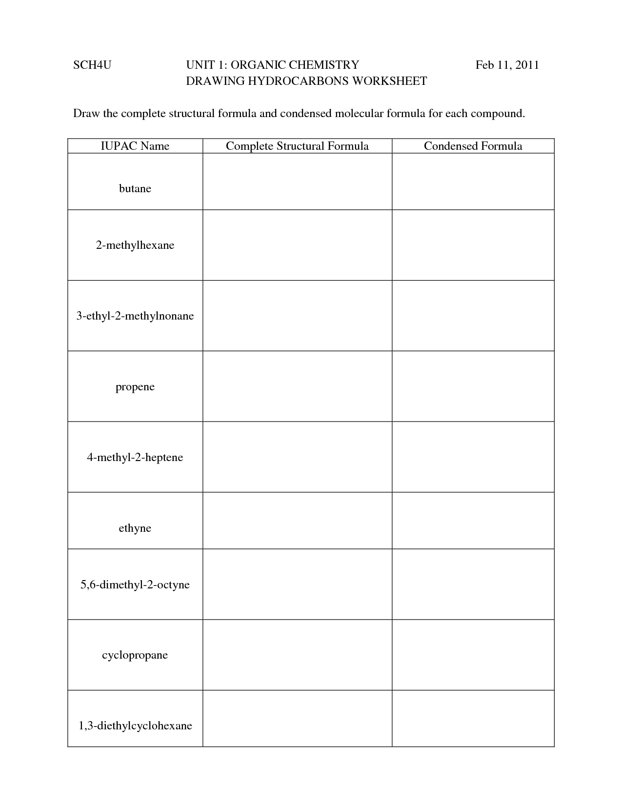 Naming Simple Hydrocarbons Worksheet