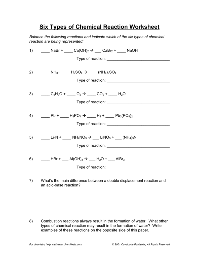 Chemistry Types Of Chemical Reactions Worksheet