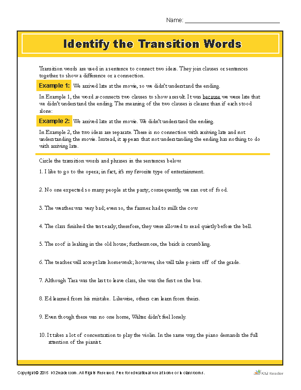 4th Grade Linking Words Worksheet