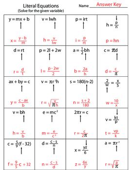 Literal Equations Worksheet Key