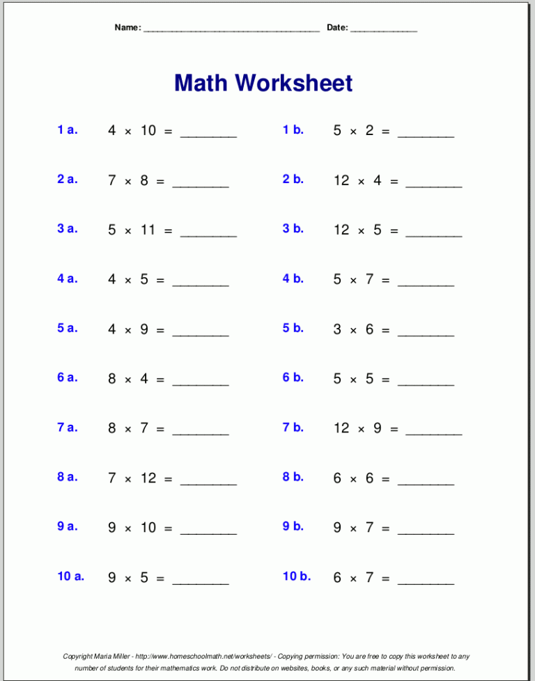 Multiplication Sheet Grade 3