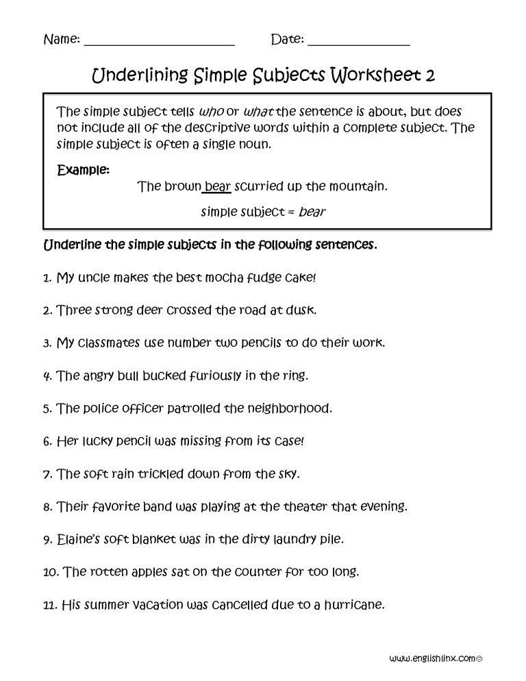 Simple Subject And Predicate Worksheets Grade 3